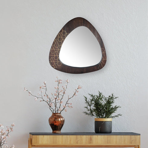 Acacia Wood Black Wall Mirror with Brass Inlay